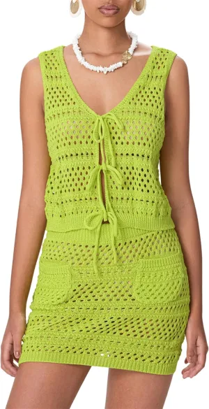 Thopavenoir Women Crochet Knit 2 Piece Outfits Tie Front Hollow Out Vest High Waist Bodycon Skirt Sets Y2k Bikini Cover Up