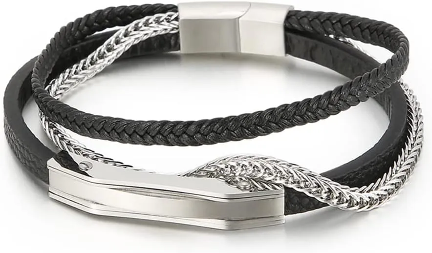 Trendy Leather Bracelet Stainless Steel Men's Charm Bracelets KB148338-KLHQ 21cm