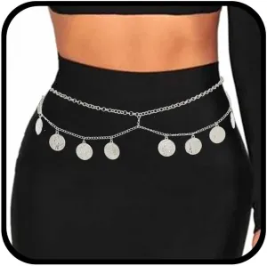 Urieo Boho Coin Waist Chain Belt Layered Silver Belly Chains Metal Adjustable Dress Party Chain Belts Body Jewelry for Women