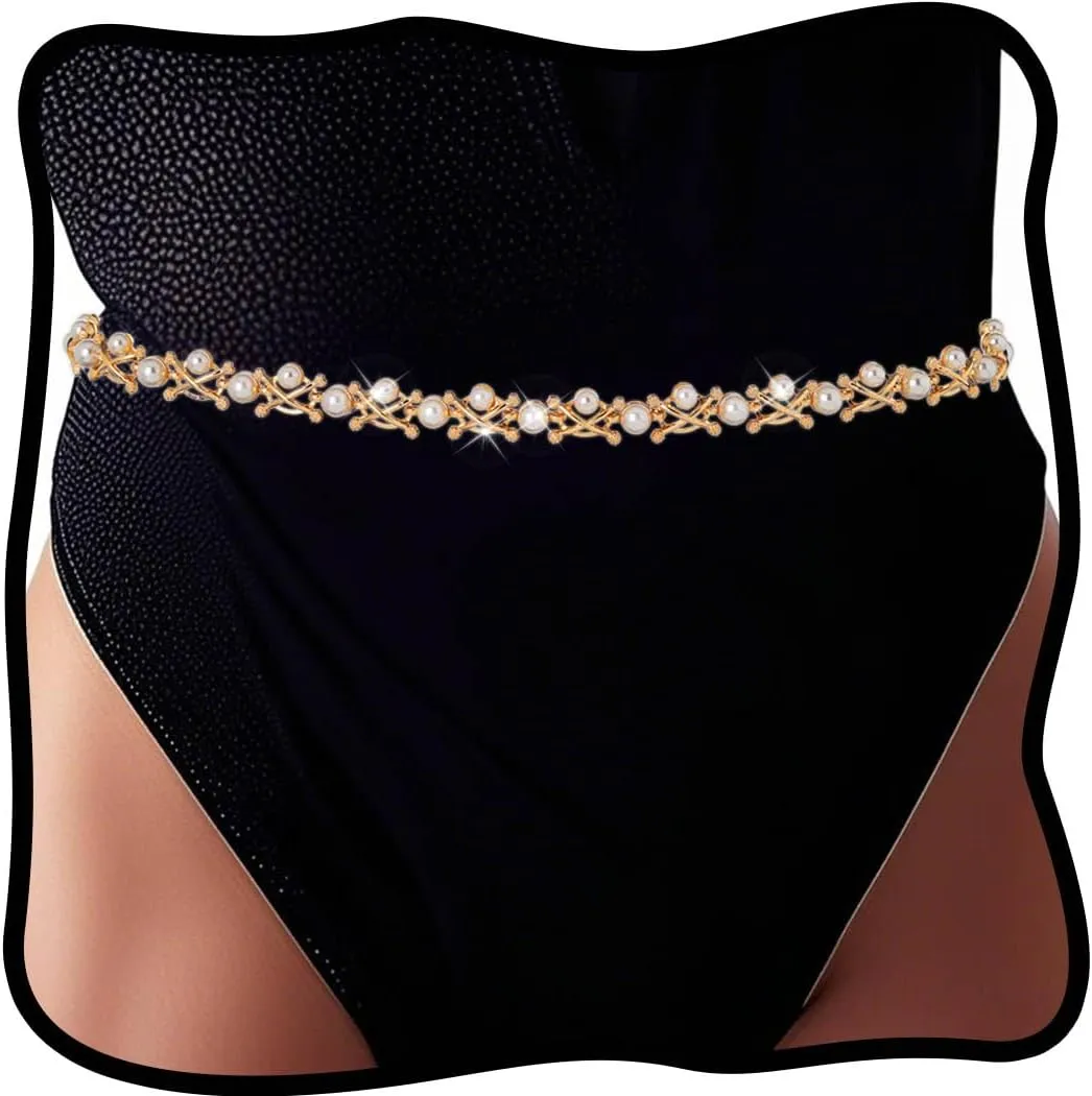 Urieo Boho Pearl Waist Chain Belt Adjustable Gold Belly Chains Bikini Beach Party Dress Chain Belts Body Jewelry for Women