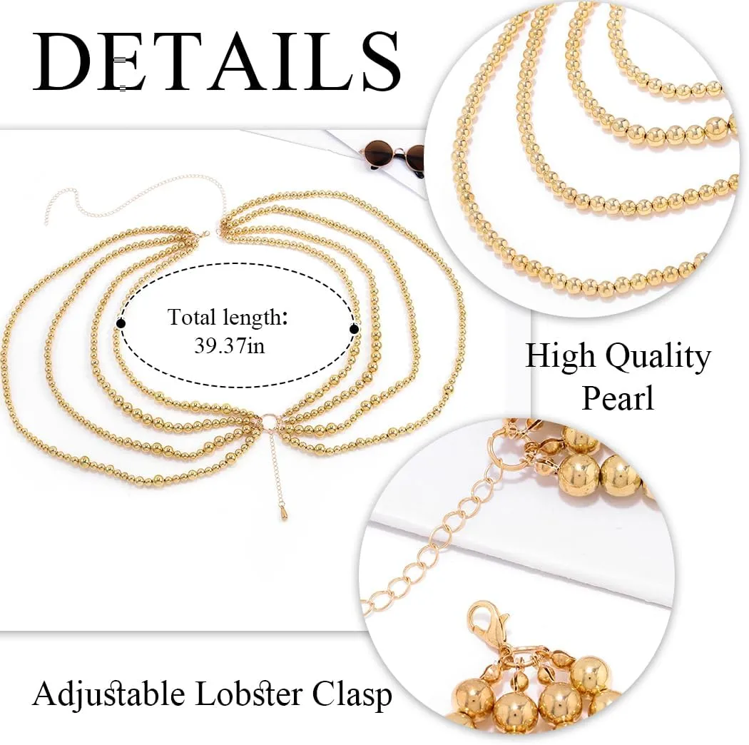 Urieo Boho Pearl Waist Chain Belt Layered Gold Belly Chains Adjustable Bikini Party Dress Chain Belts Body Jewelry Accessories for Women