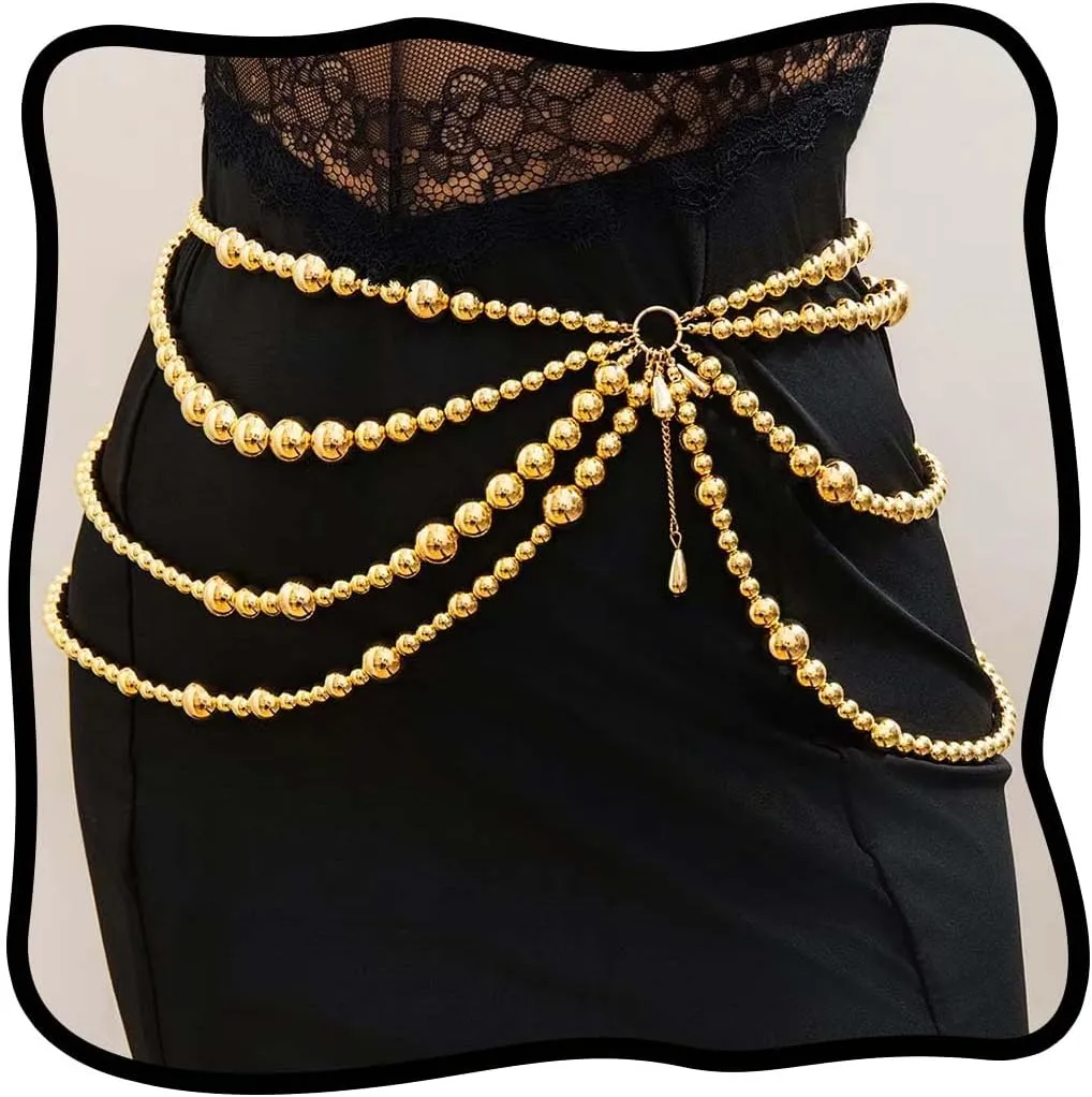 Urieo Boho Pearl Waist Chain Belt Layered Gold Belly Chains Adjustable Bikini Party Dress Chain Belts Body Jewelry Accessories for Women
