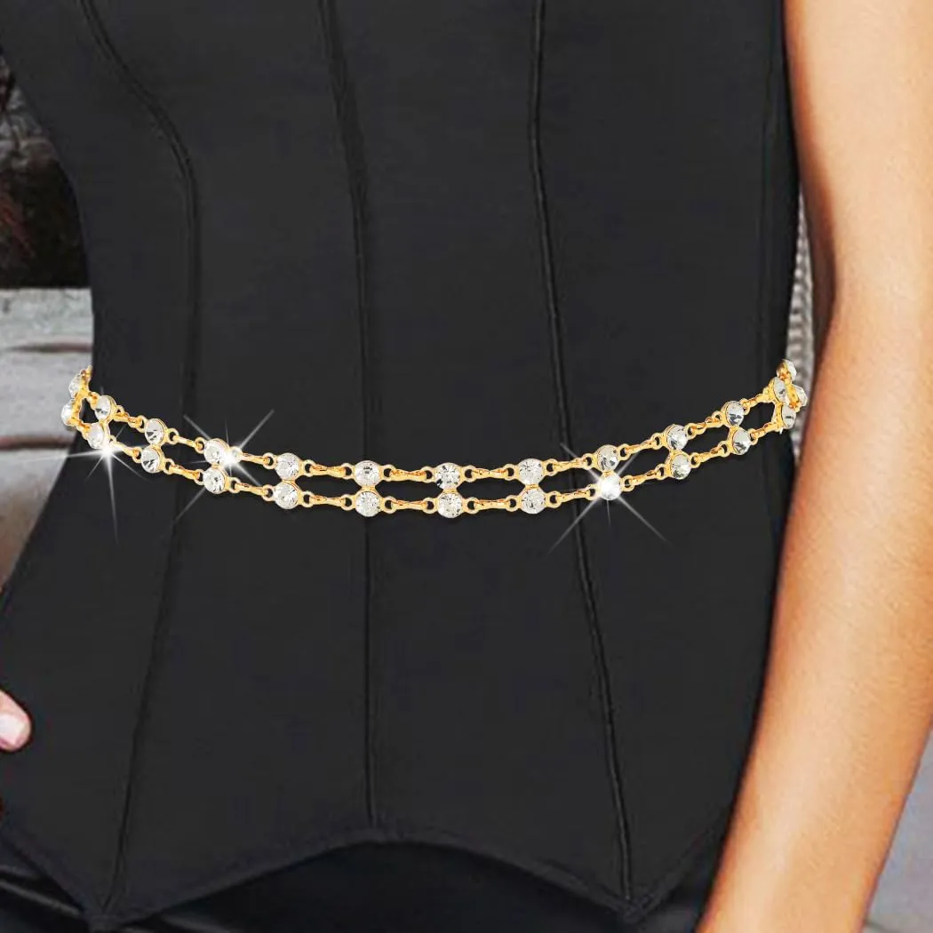 Urieo Rhinestone Waist Chain Belt Crystal Gold Belly Chains Layered Adjustable Dress Chain Belts Body Jewelry Accessories for Women