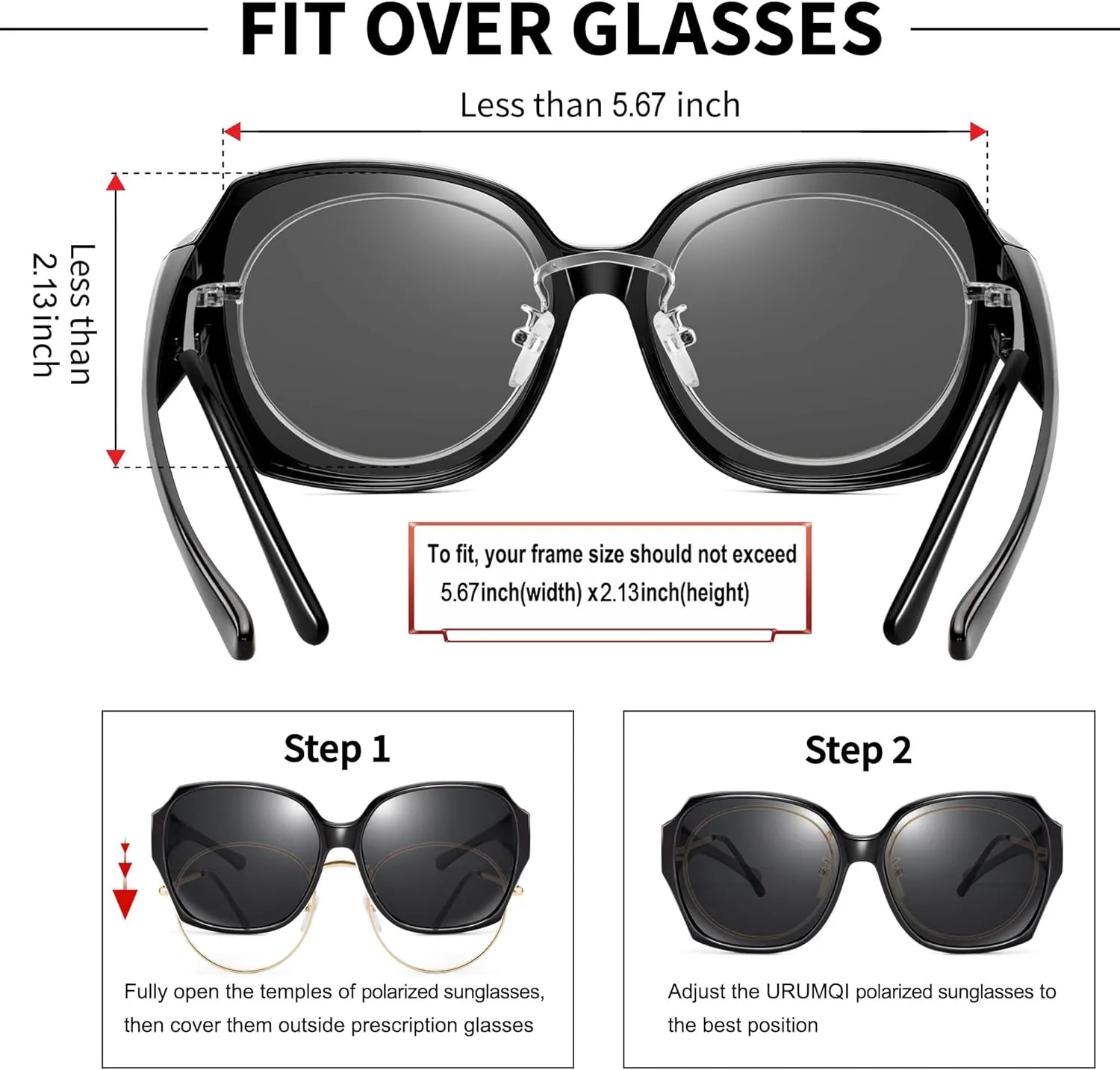 URUMQI Polarized Sunglasses Fit Over Glasses for Women, UV400 Protection Square Shades Extra Large Sun Glasses