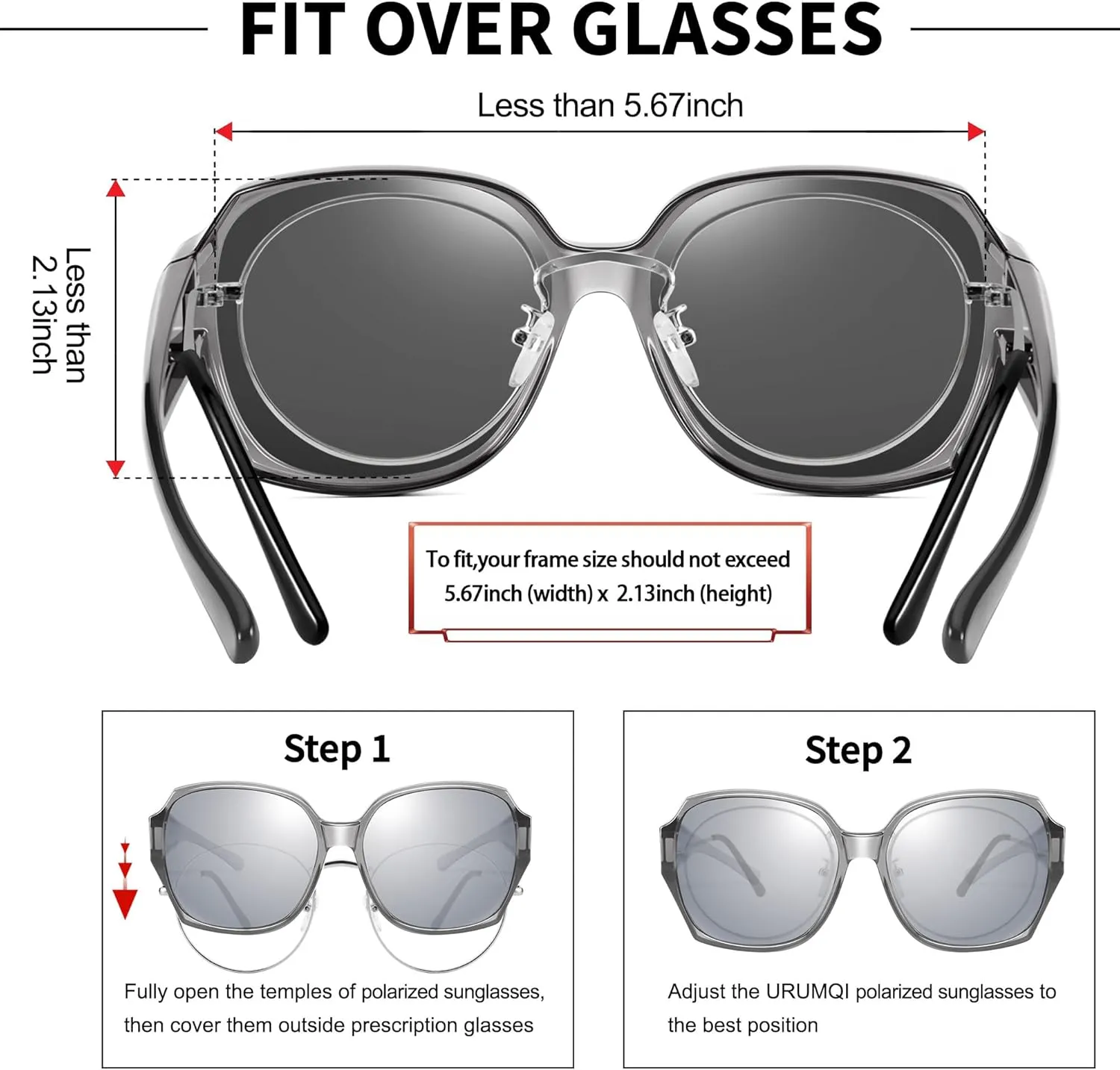 URUMQI Polarized Sunglasses Fit Over Glasses for Women, UV400 Protection Square Shades Extra Large Sun Glasses
