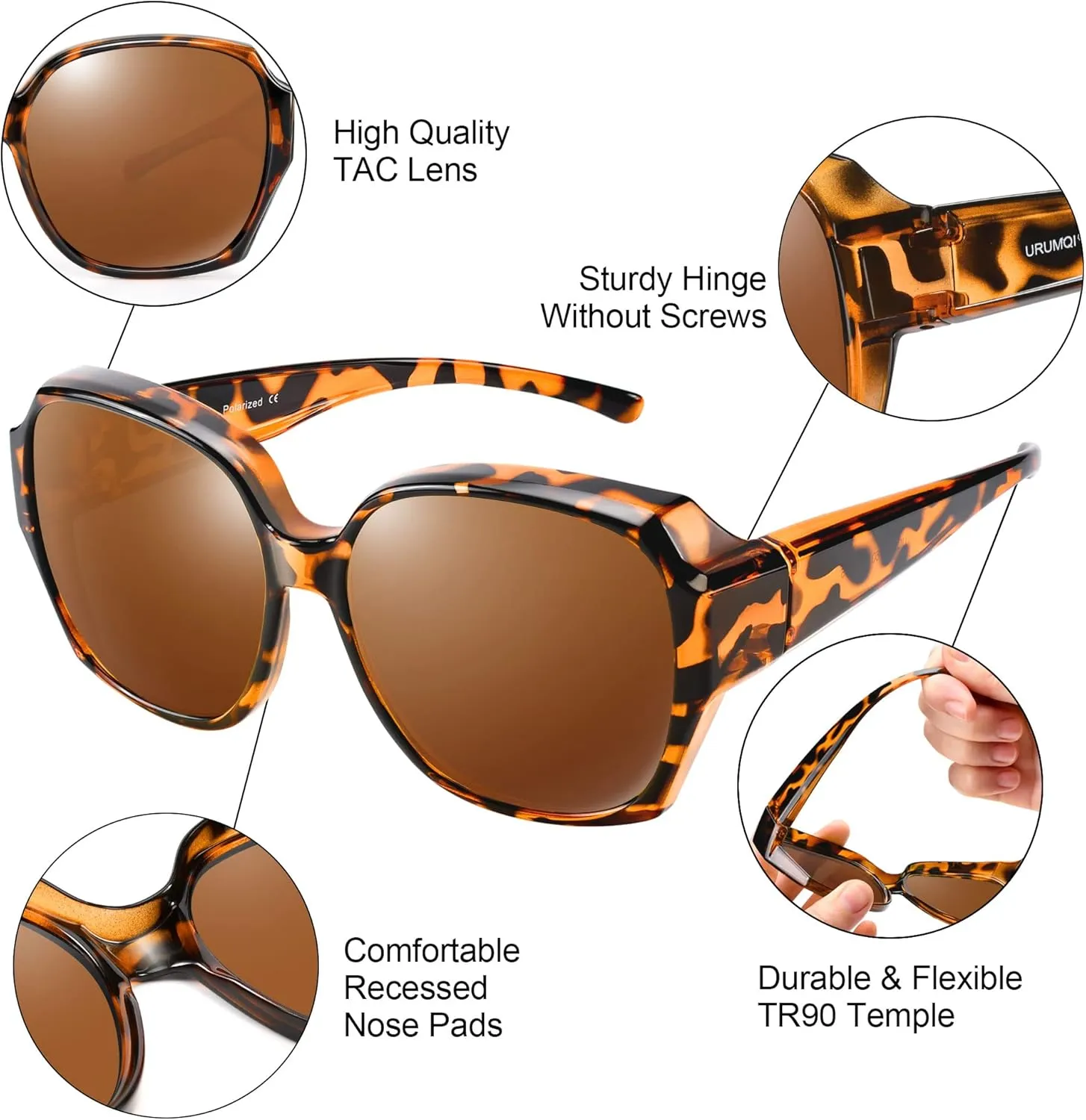 URUMQI Polarized Sunglasses Fit Over Glasses for Women, UV400 Protection Square Shades Extra Large Sun Glasses