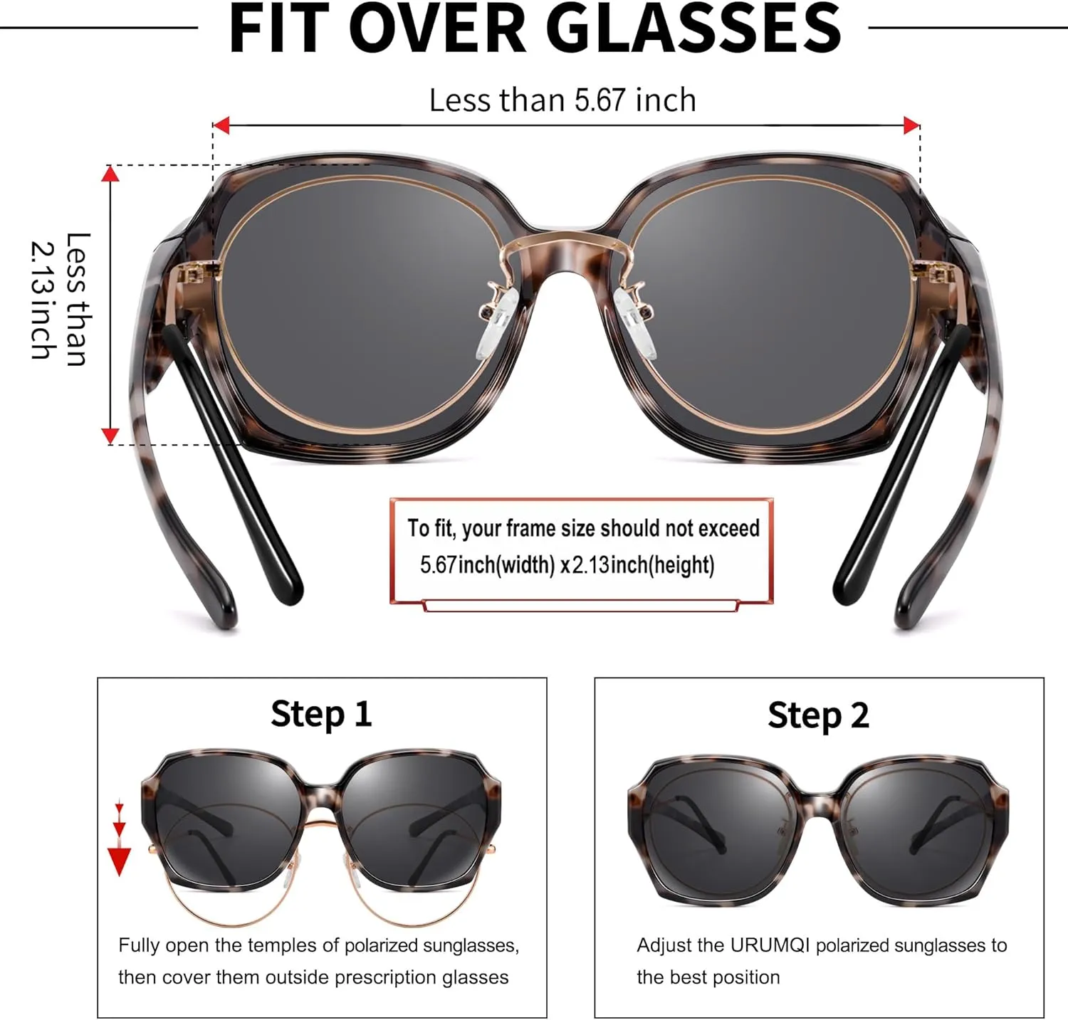 URUMQI Polarized Sunglasses Fit Over Glasses for Women, UV400 Protection Square Shades Extra Large Sun Glasses