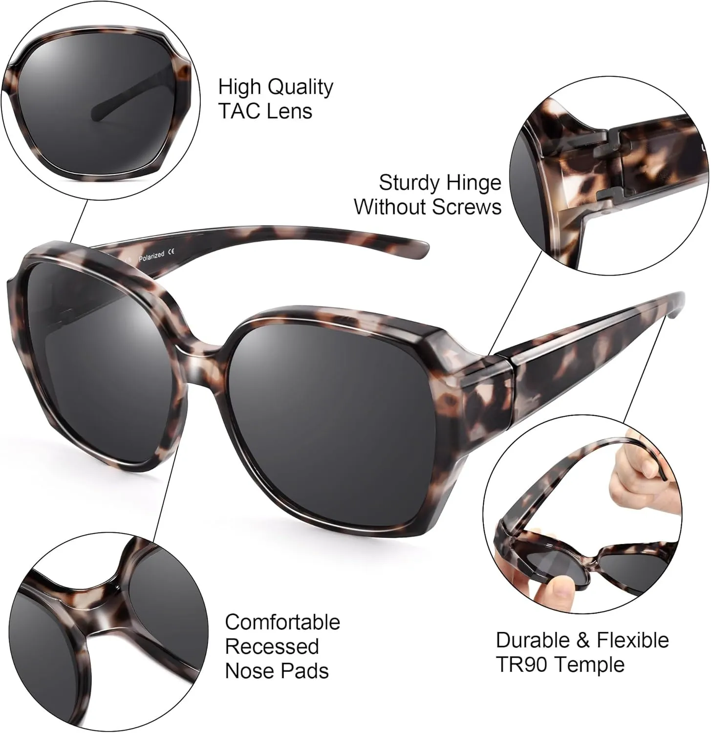 URUMQI Polarized Sunglasses Fit Over Glasses for Women, UV400 Protection Square Shades Extra Large Sun Glasses