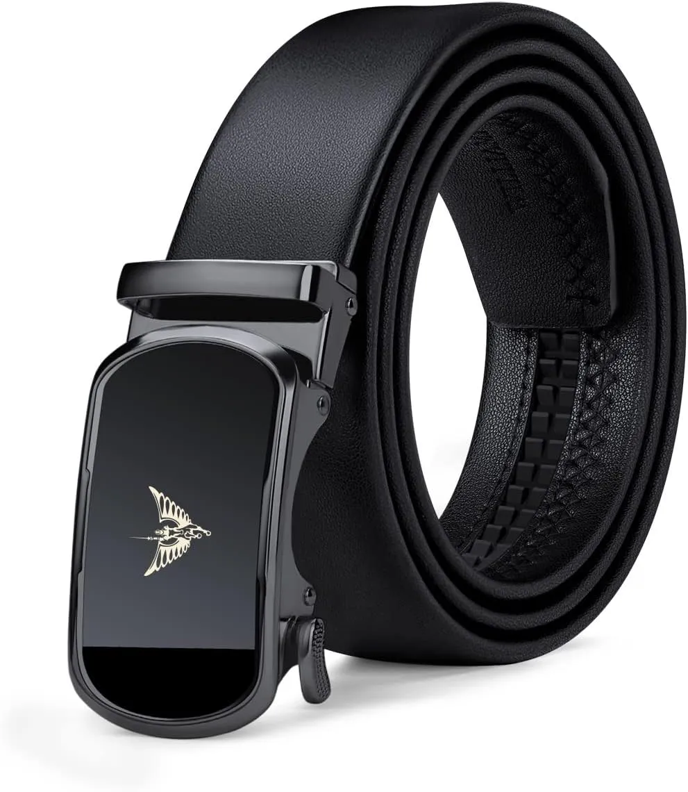 VANNANBA Mens Leather Ratchet Belts Slide Dress Belt for men Automatic Buckle with Gift Box
