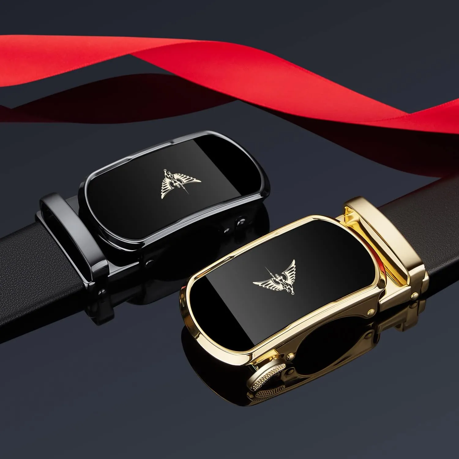 VANNANBA Mens Leather Ratchet Belts Slide Dress Belt for men Automatic Buckle with Gift Box