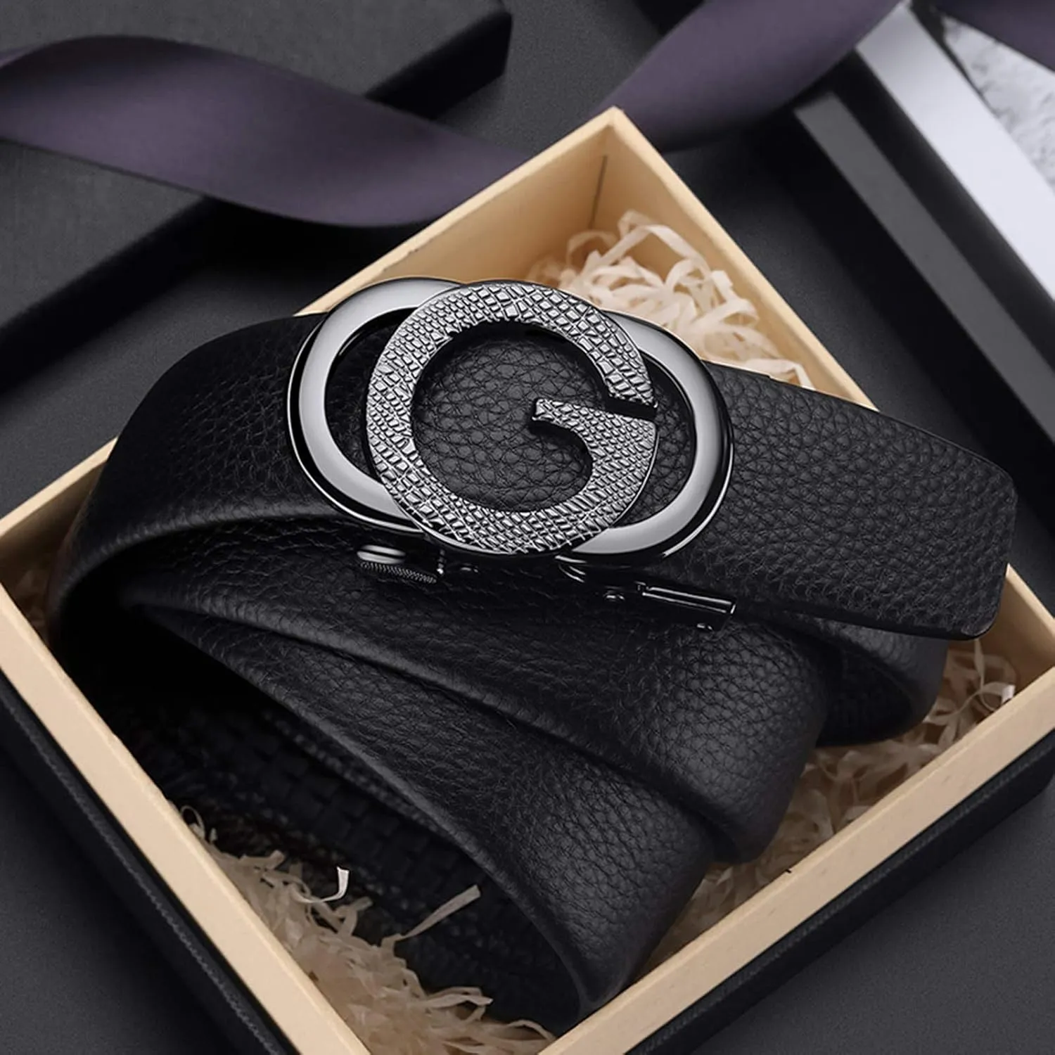 VANNANBA Ratchet Leather Belt for Men Designer Belts for Men with Automatic Buckle Alloy,Trend Fashion with Gift Box