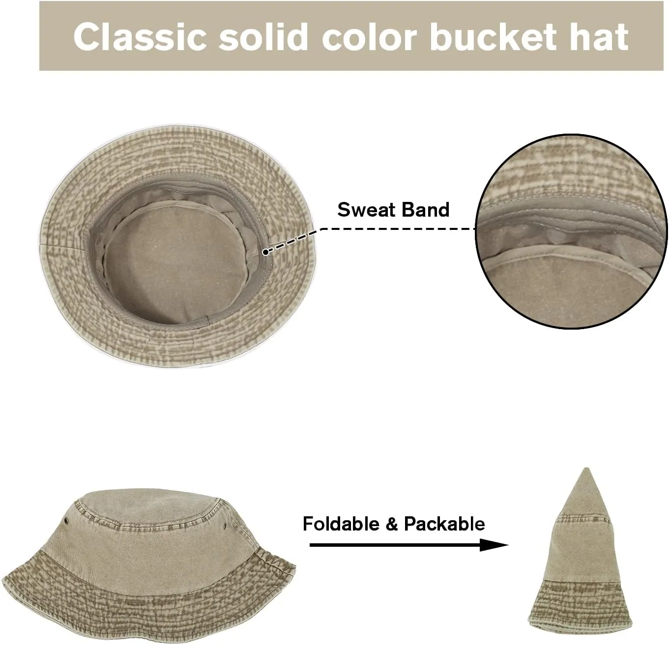 Washed Cotton Bucket Hats Packable Summer Outdoor Cap Travel Beach Sun Hat Plain Colors for Men Women
