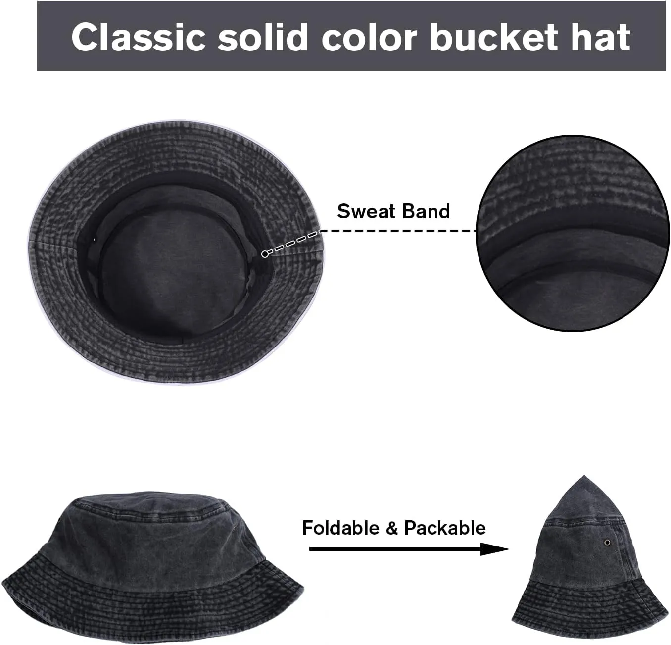 Washed Cotton Bucket Hats Packable Summer Outdoor Cap Travel Beach Sun Hat Plain Colors for Men Women