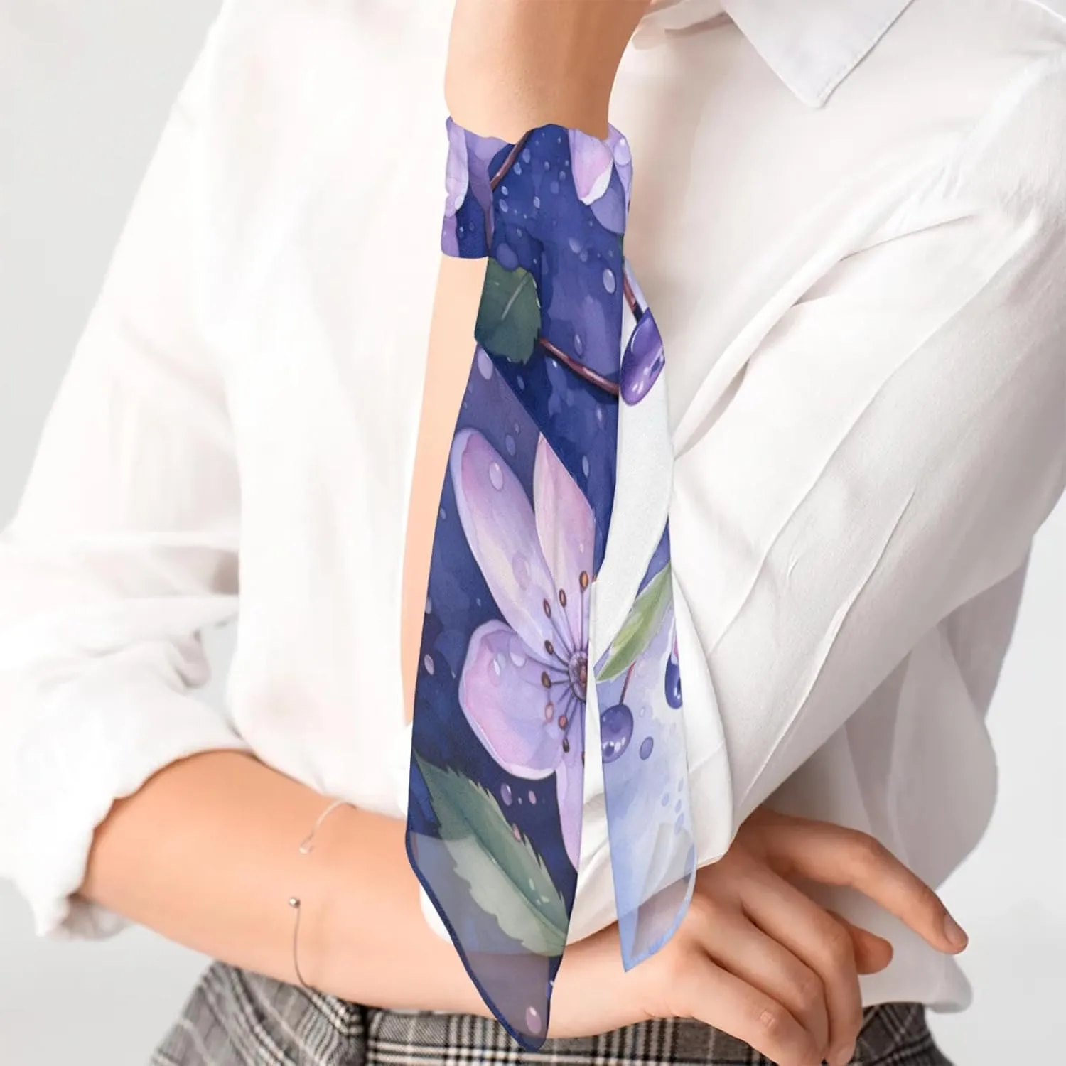 Watercolor Blueberry Flower Silk Scarf for Women 23.6x23.6" Satin Head Scarf