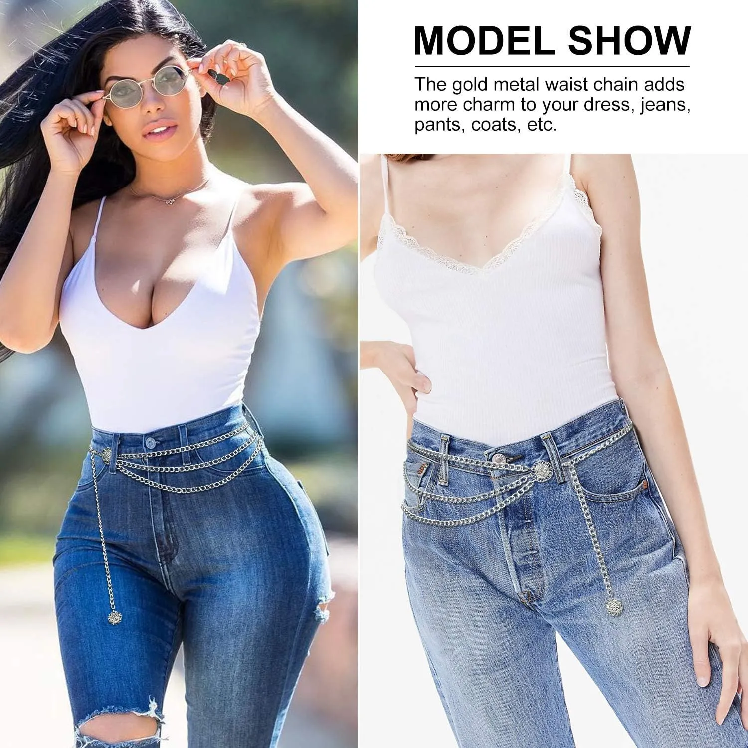 WHIPPY Waist Chain Belt Women Ladies Adjustable Body Waist Link Belts for Jeans Dresses