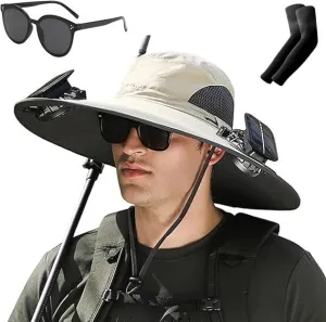 Wide Brim Bucket Hat for Men Women Hiking Camping Sun Hat with 2 Solar Fan USB Charging Cooling Comfy Fishing Hat 2025