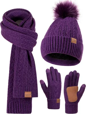 Winter Beanie Hat Scarf Gloves Set for Women, Pom Pom Beanie Fleece Lined Knit Neck Warmer Touchscreen Gloves 3 in 1 Gift Set