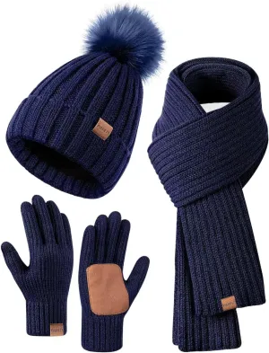 Winter Beanie Hat Scarf Gloves Set for Women, Womens Beanie with Pom Pom Long Scarf Neck Warmer Touchscreen Gloves 3 in 1 Set