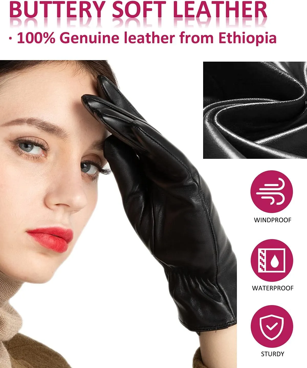 Winter Leather Gloves for Women, Cashmere Lined Touchscreen Gloves for Texting, Premium Soft Sheepskin Warm Glove