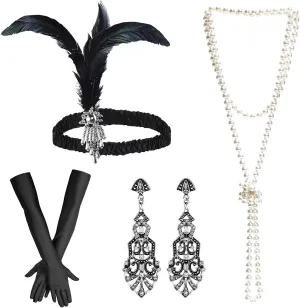 Women 1920s Flapper Set with Headband Beaded Necklaces Earrings Gloves for Vintage Wedding Costume Accessories