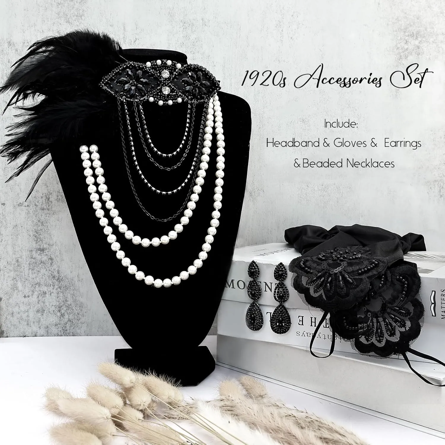 Women 1920s Flapper Set with Headband Beaded Necklaces Earrings Gloves for Vintage Wedding Costume Accessories