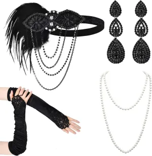 Women 1920s Flapper Set with Headband Beaded Necklaces Earrings Gloves for Vintage Wedding Costume Accessories
