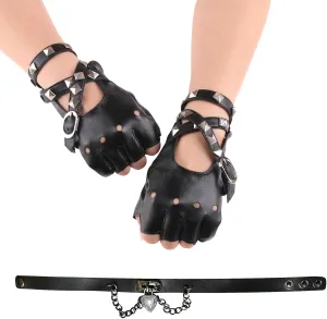 Women Fingerless Gloves Choker Rivet PU Leather Gloves and Punk Rock Necklace Set