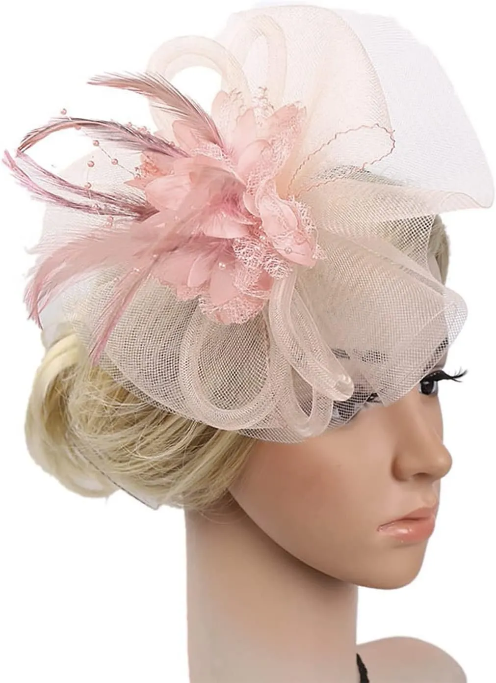 Women's 20s 50s Feather Fascinator Pearl Peacock Feather Hair Band Cocktail Wedding Headpiece Ascot Hats Flower