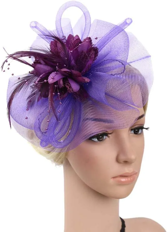 Women's 20s 50s Feather Fascinator Pearl Peacock Feather Hair Band Cocktail Wedding Headpiece Ascot Hats Flower