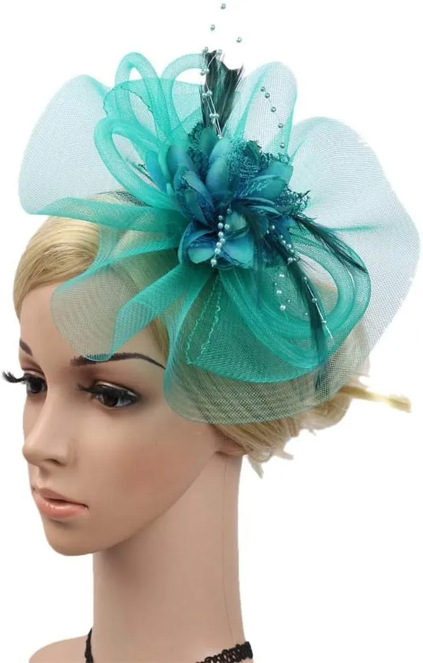 Women's 20s 50s Feather Fascinator Pearl Peacock Feather Hair Band Cocktail Wedding Headpiece Ascot Hats Flower