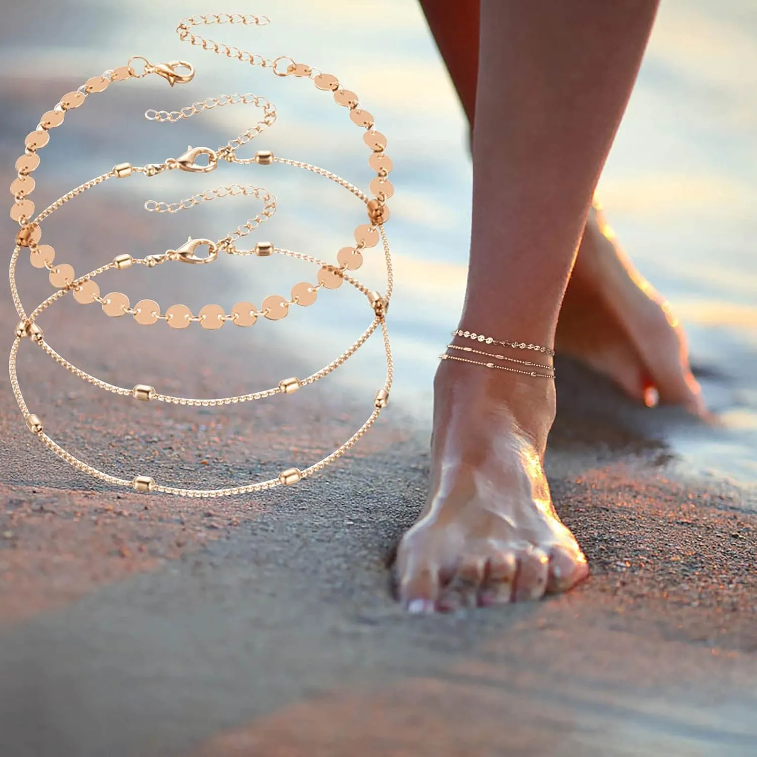 Women's Anklets Filled with Personalized Anklets Beach Feet Jewelry Gift 3 Layer Anklet Simplicity Anklet Hair Band (Gold, One Size)