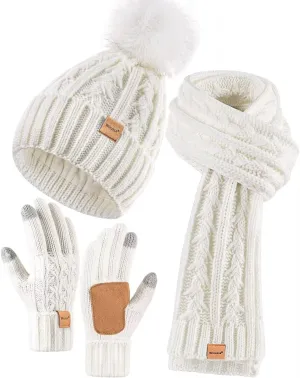 Womens Beanie Hat Scarf Gloves Set, Fleece Lined Winter Hat with Pom Pom, Long Knit Scarf Touchscreen Gloves for Cold Weather