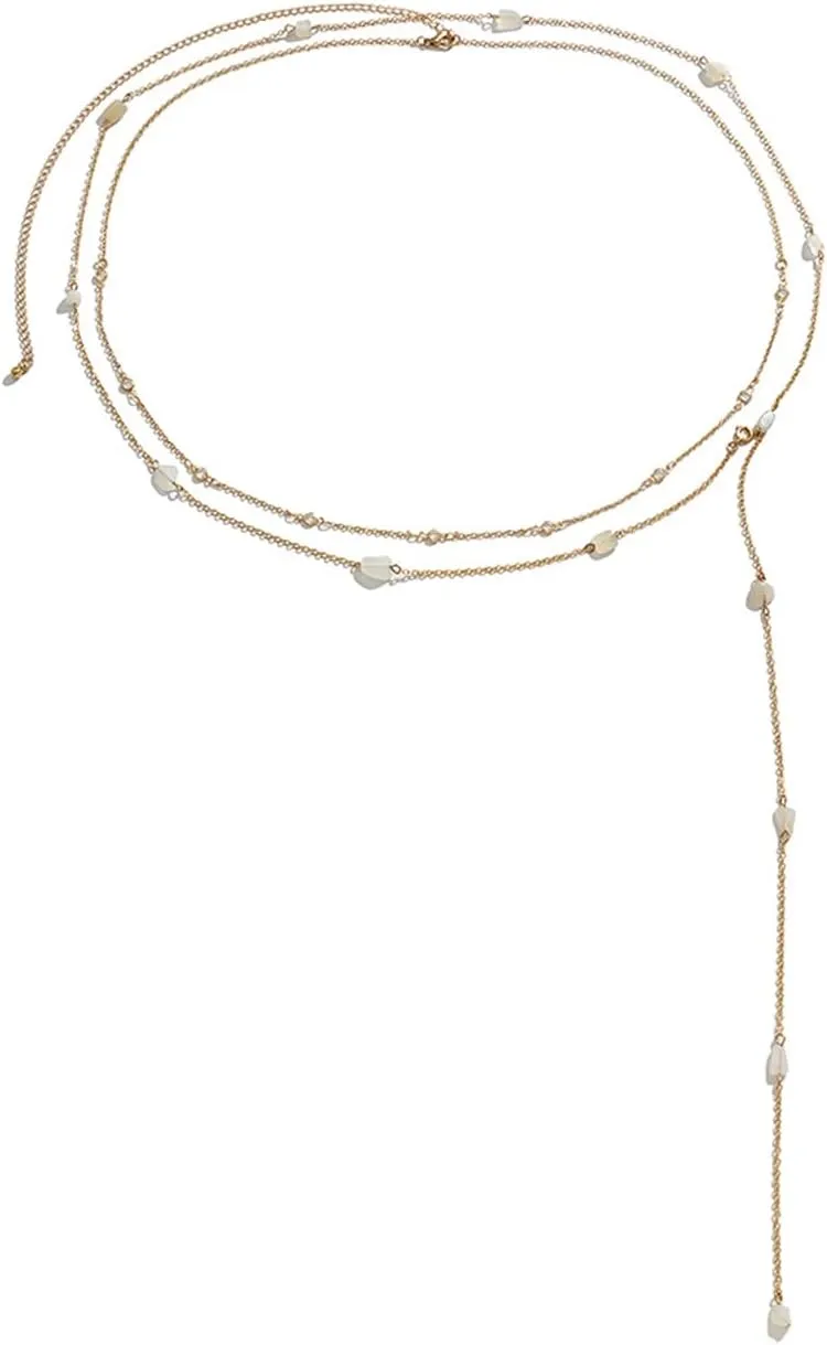 Womens Chain Belts Fashion, Gold Belly Chains for Women Minimalist Double Layer Natural Stone Tassel Waist 37.2Inch Alloy Body Jewelry