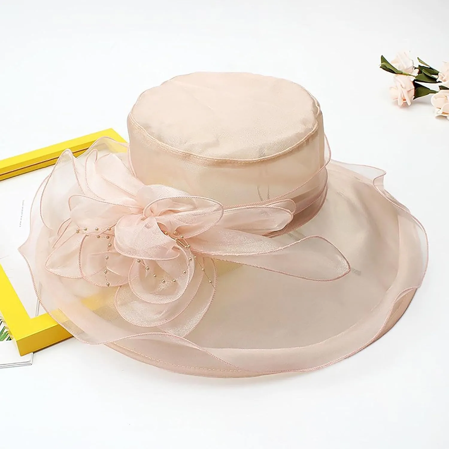 Women's Derby Church Dress Hat Wide Brim Leaf Flower Bridal Shower Hat