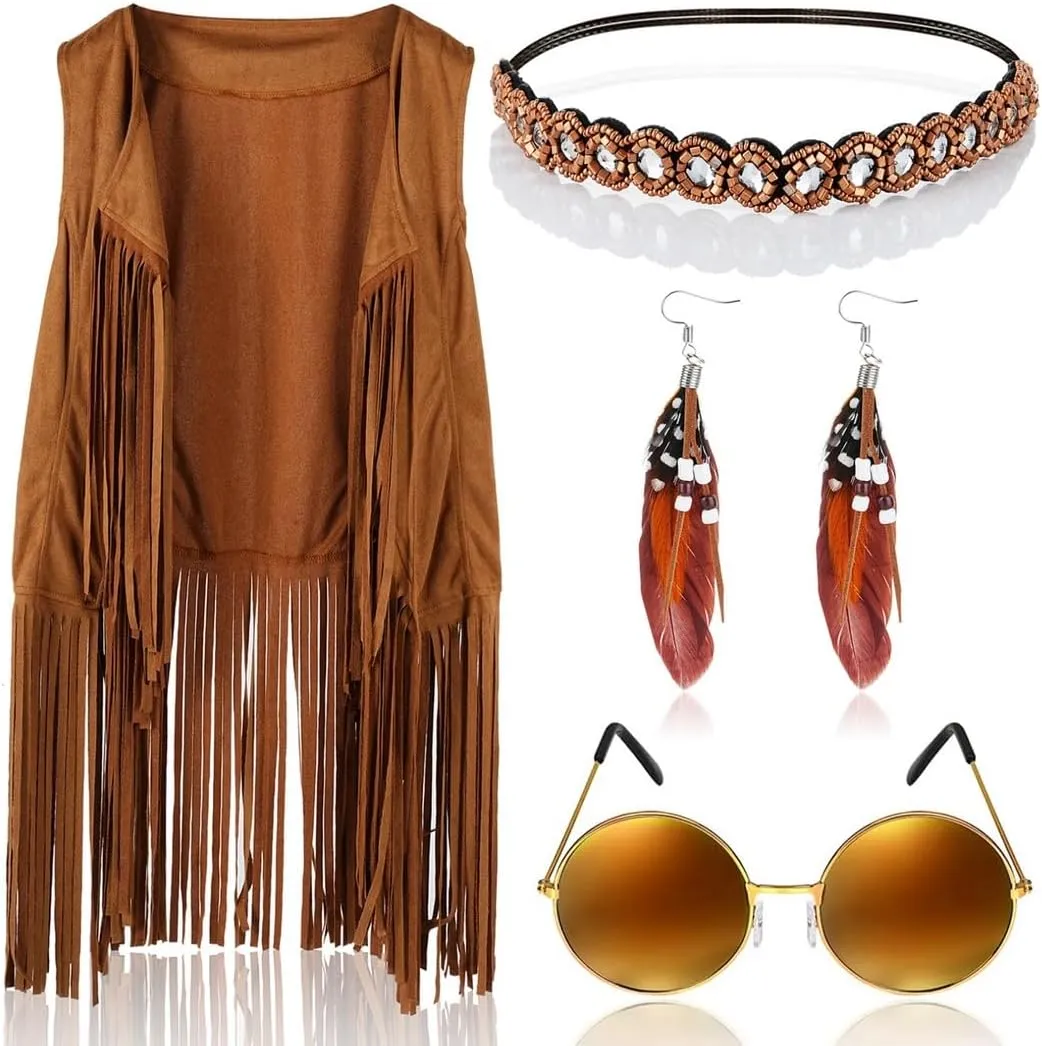 Women’S Hippie Set, 60S 70S Costume Accessories - Tassel Vest, Boho Headband, Feather Earrings, Sunglasses, Sleeveless Hippie Outfit