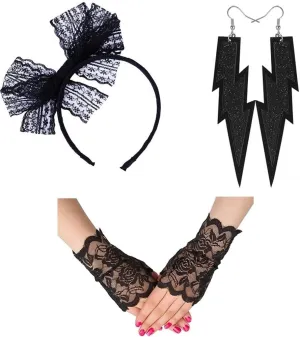 Womens Lace Headband Neon Earrings Fingerless Gloves for 80's Party Pop Diva Costume Accessories