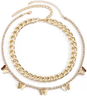 Womens Layered Necklace, Bow Collar for Women 2 Layer Gold Lobster Claw Butterfly Tassel Design Valentines Day Teen Jewelry