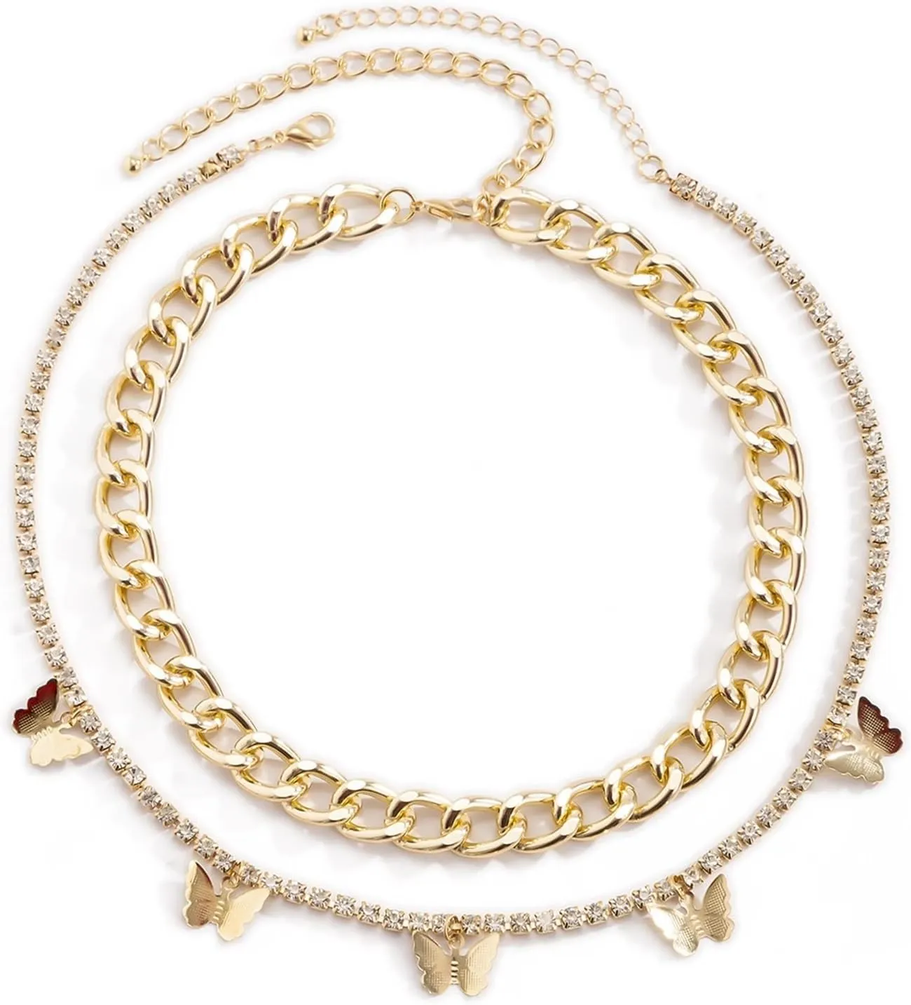 Womens Layered Necklace, Bow Collar for Women 2 Layer Gold Lobster Claw Butterfly Tassel Design Valentines Day Teen Jewelry