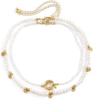 Womens Layered Necklace, Curb Chain Necklace for Women 2 Layer Lobster Claw White Round Sequin Pearl Chain Design Jewelry for Women