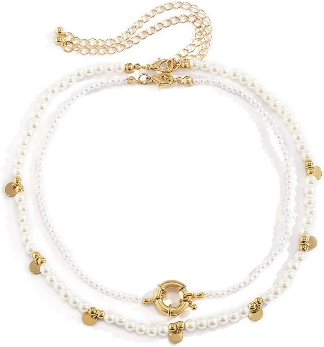 Womens Layered Necklace, Curb Chain Necklace for Women 2 Layer Lobster Claw White Round Sequin Pearl Chain Design Jewelry for Women
