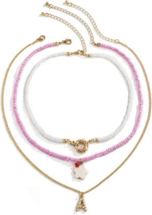 Womens Layered Necklaces, 3 Layer Necklace for Women Gold Lobster Claw White Round Shell Star Pearl Alphabet Design Vacation Daughter Gifts