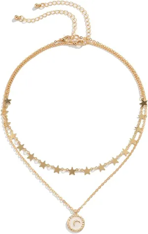 Womens Layered Necklaces Boho , Moon and Star 2 Layer Gold Layered Necklaces Chunky