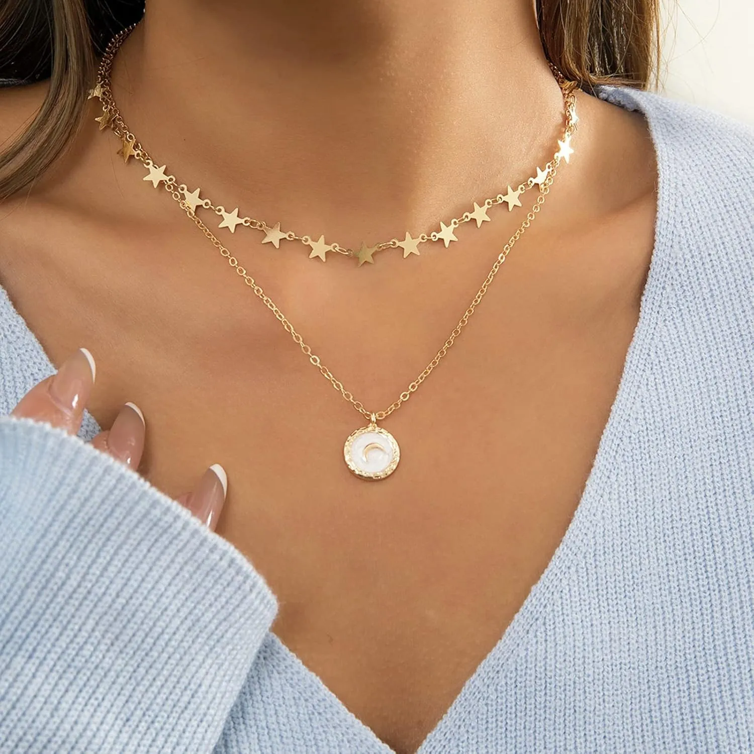 Womens Layered Necklaces Boho , Moon and Star 2 Layer Gold Layered Necklaces Chunky