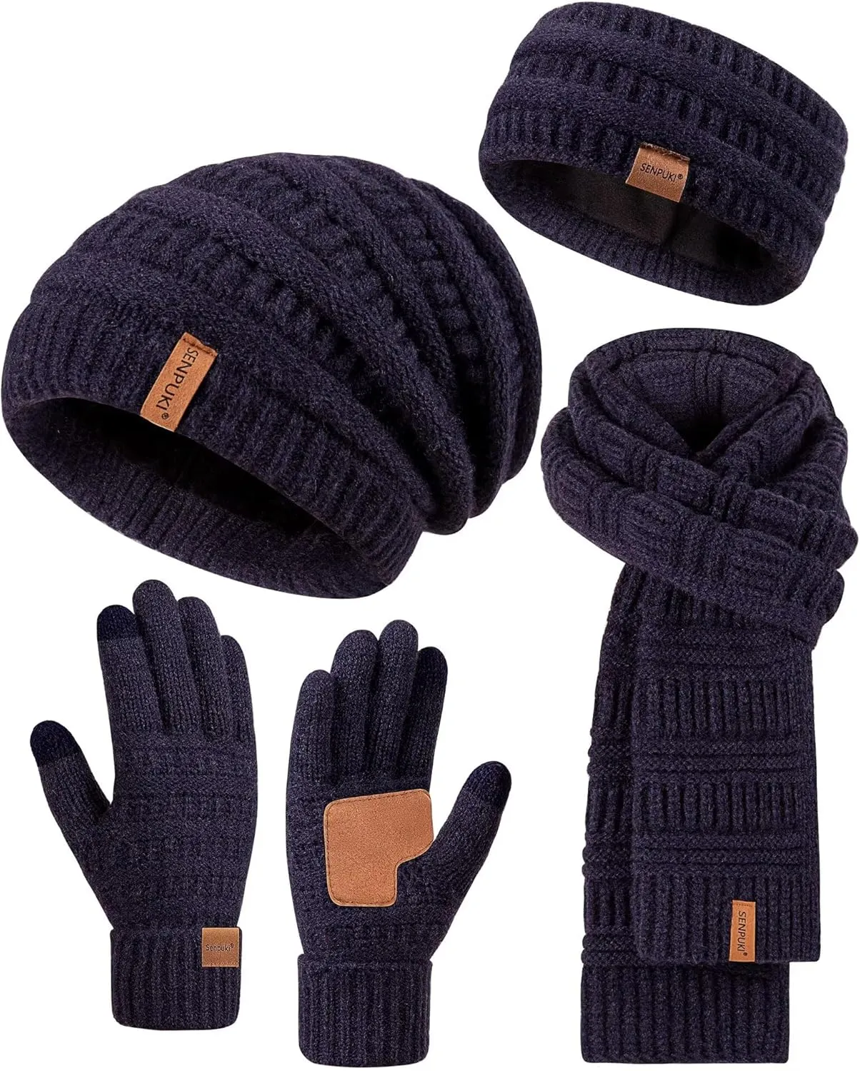 Womens Winter Beanie Hat Scarf Gloves Headband Set, Slouchy Beanie Ear Warmer Knit Scarf Touchscreen Gloves Warm 4 Gift Set