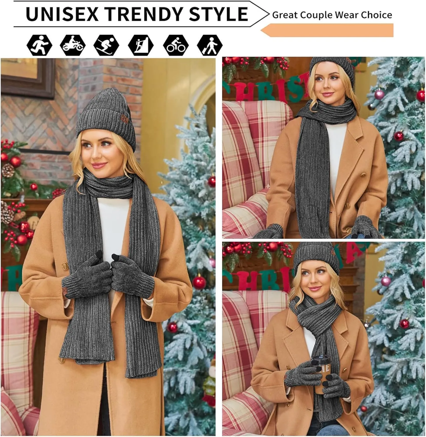 Womens Winter Knit Warm Hat Beanie Long Scarf Touch Screen Gloves Set Skull Caps Neck Scarves for Women