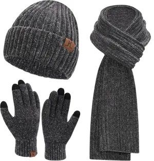 Womens Winter Knit Warm Hat Beanie Long Scarf Touch Screen Gloves Set Skull Caps Neck Scarves for Women