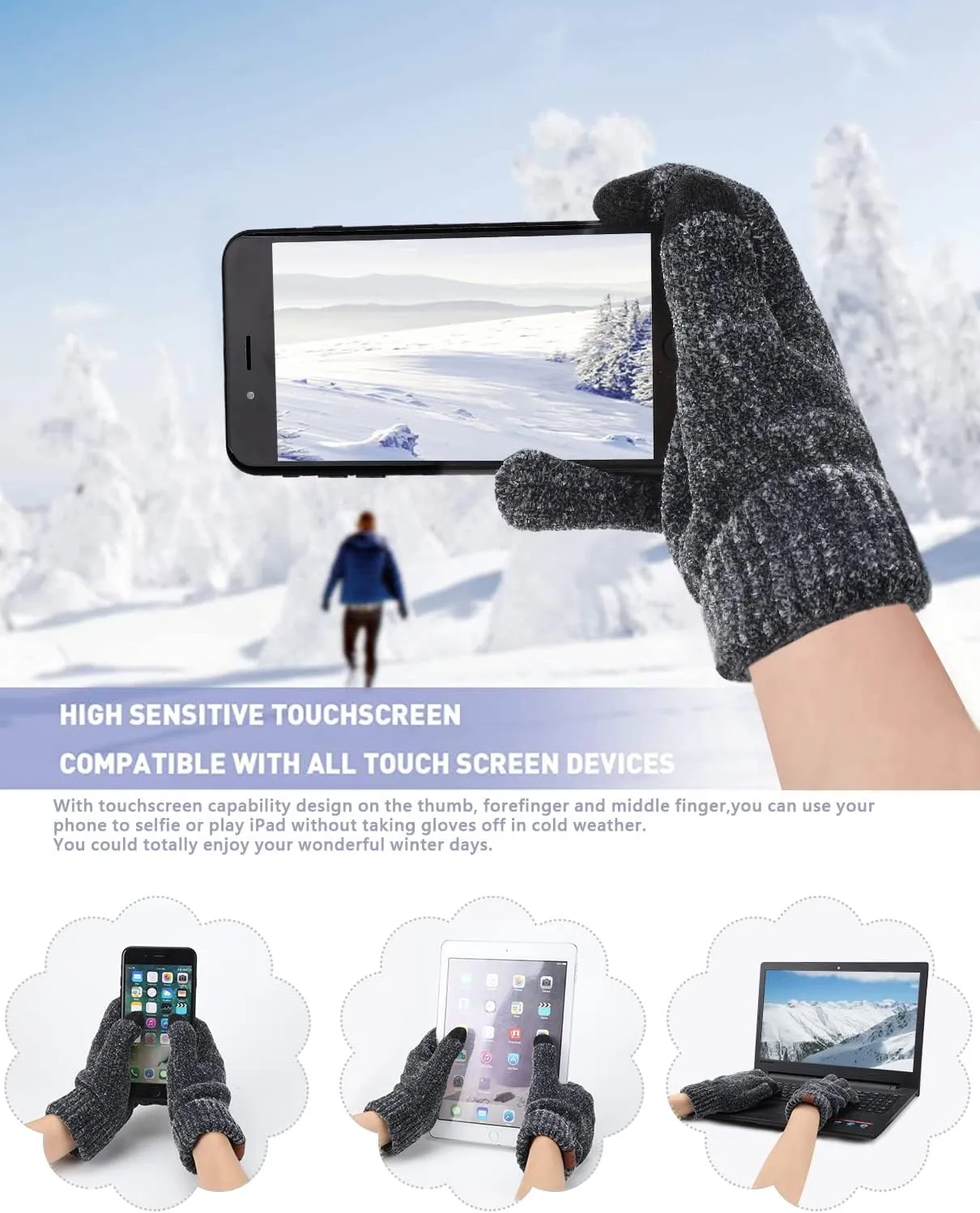 Womens Winter Knit Warm Hat Beanie Long Scarf Touch Screen Gloves Set Skull Caps Neck Scarves for Women