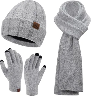 Womens Winter Warm Knit Beanie Hat Touchscreen Gloves Long Neck Scarf Set with Fleece Lined Skull Caps Gifts for Women