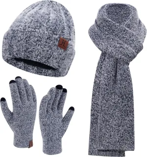 Womens Winter Warm Knit Beanie Hat Touchscreen Gloves Long Neck Scarf Set with Fleece Lined Skull Caps Gifts for Women