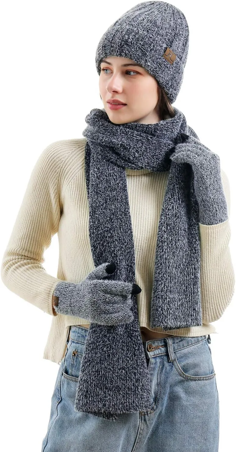 Womens Winter Warm Knit Beanie Hat Touchscreen Gloves Long Neck Scarf Set with Fleece Lined Skull Caps Gifts for Women